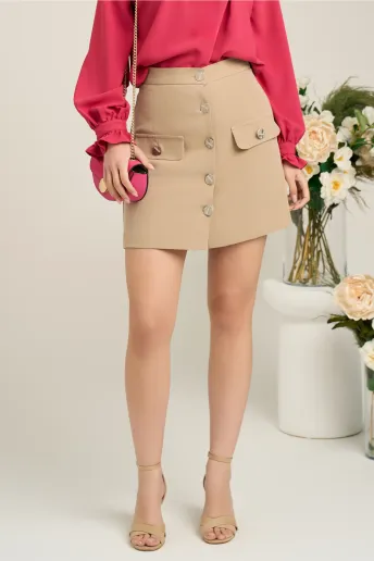 Fusta DY Fashion scurta office din stofa bej cu nasturi