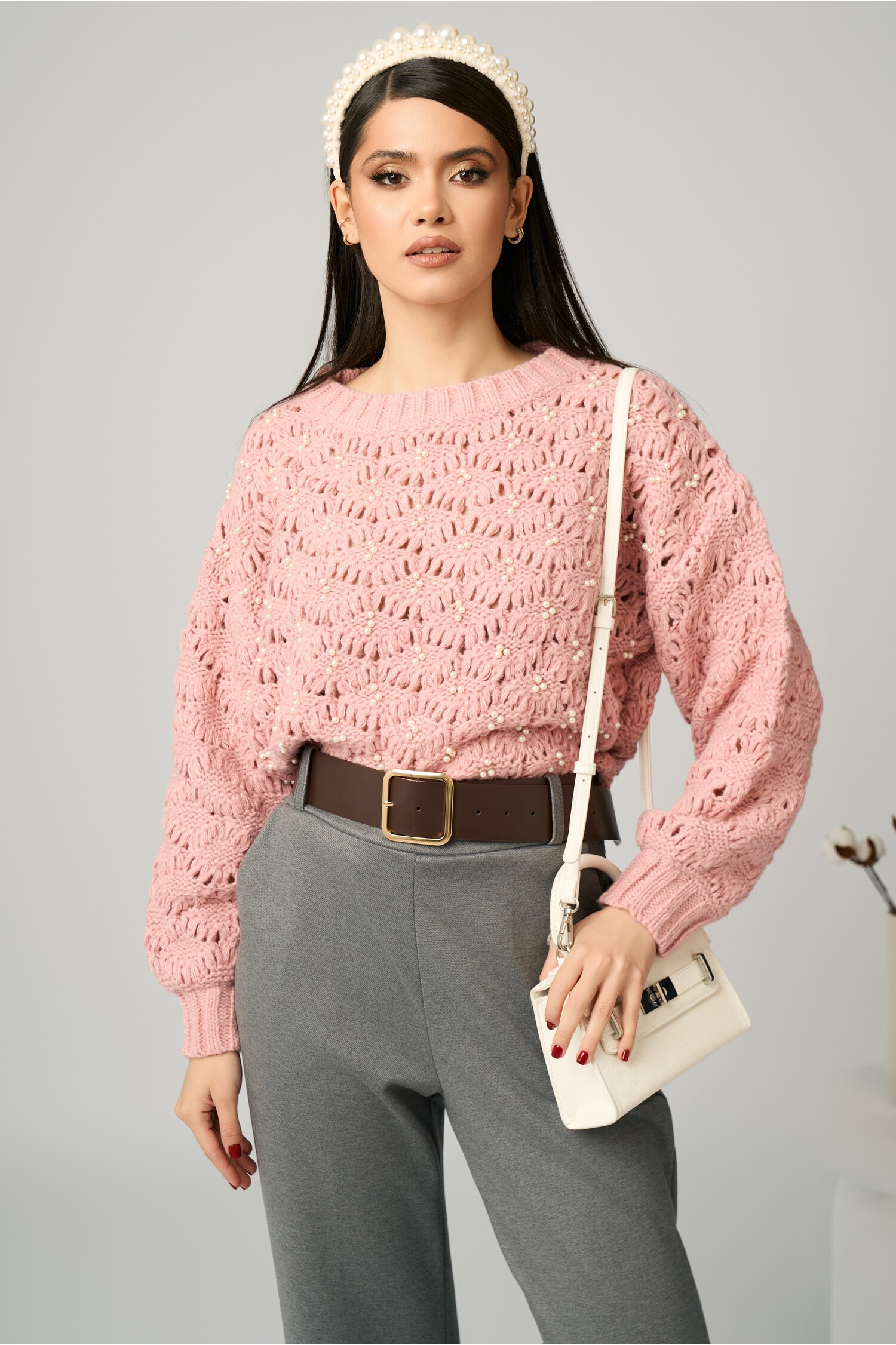 Pulover casual din tricot roz cu perle