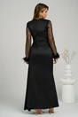 Rochie Ella Collection Alora lunga eleganta din tafta neagra cu paiete si pene pe maneci