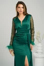 Rochie Ella Collection Alora lunga eleganta din tafta verde cu paiete si pene pe maneci