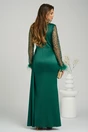 Rochie Ella Collection Alora lunga eleganta din tafta verde cu paiete si pene pe maneci