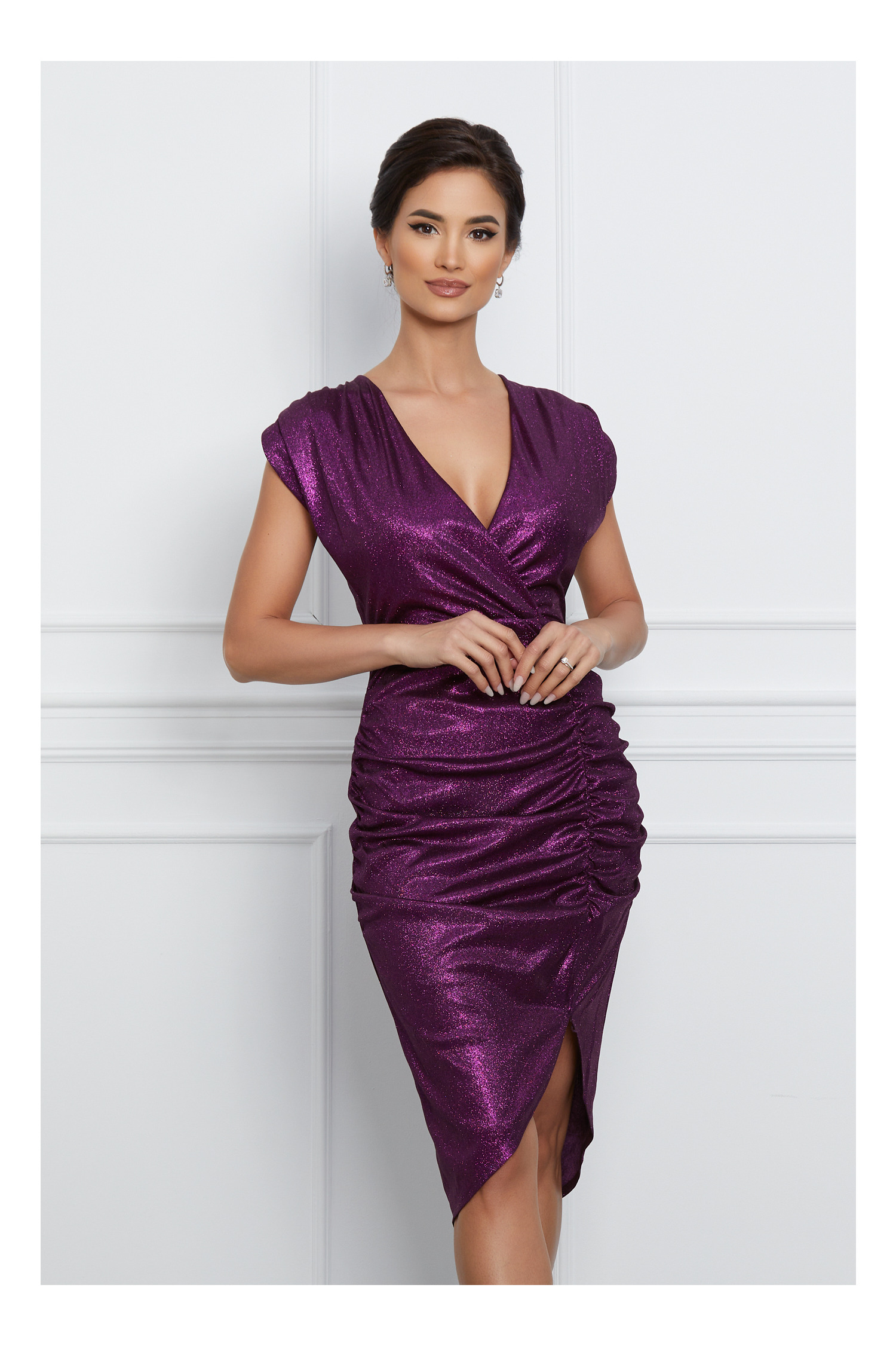 Rochie Adelaide mov cu glitter si fronseuri pe fusta - Rochii-Dama.ro