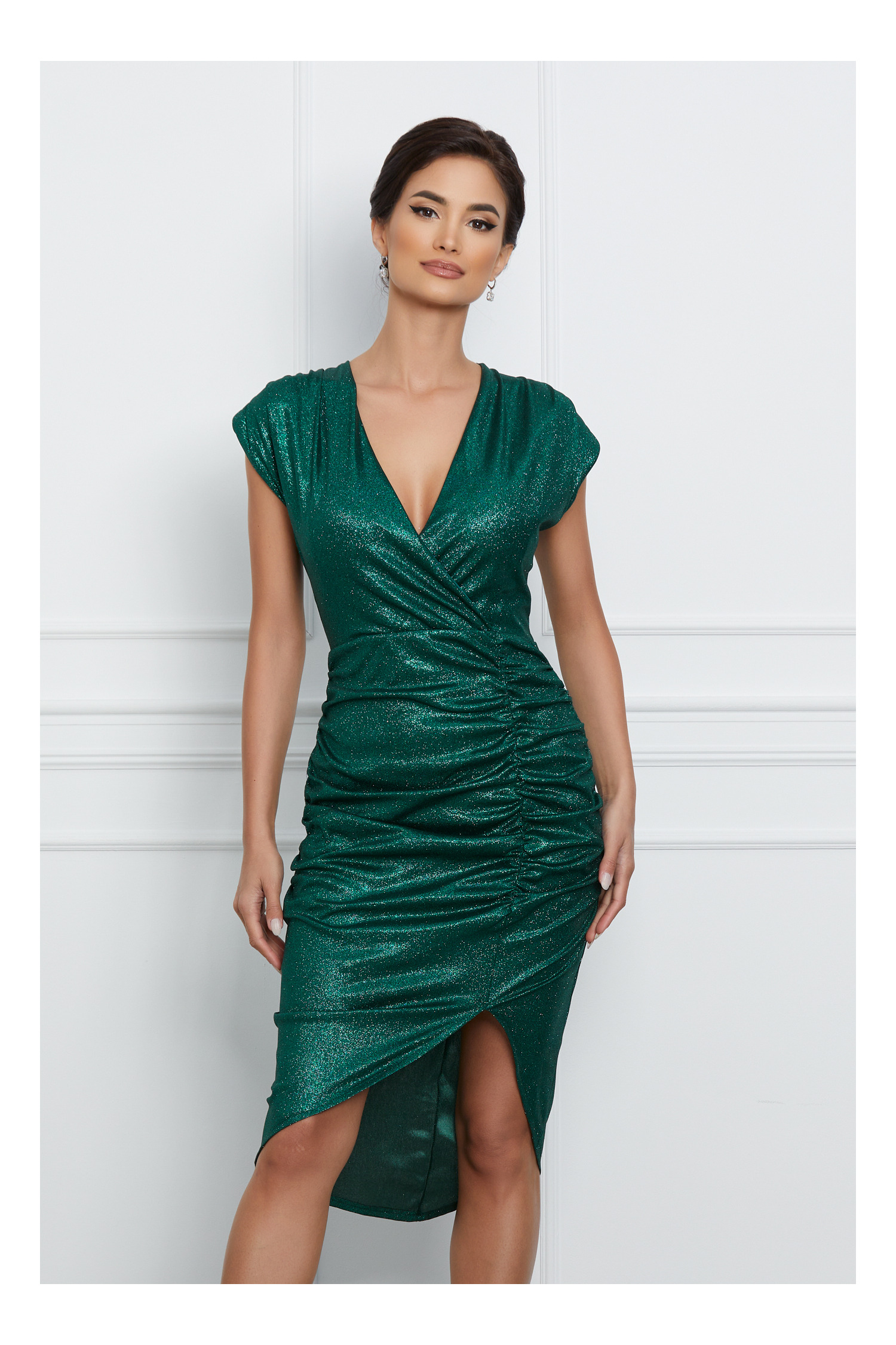 Rochie de ocazie Adelaide verde cu glitter si fronseuri pe fusta