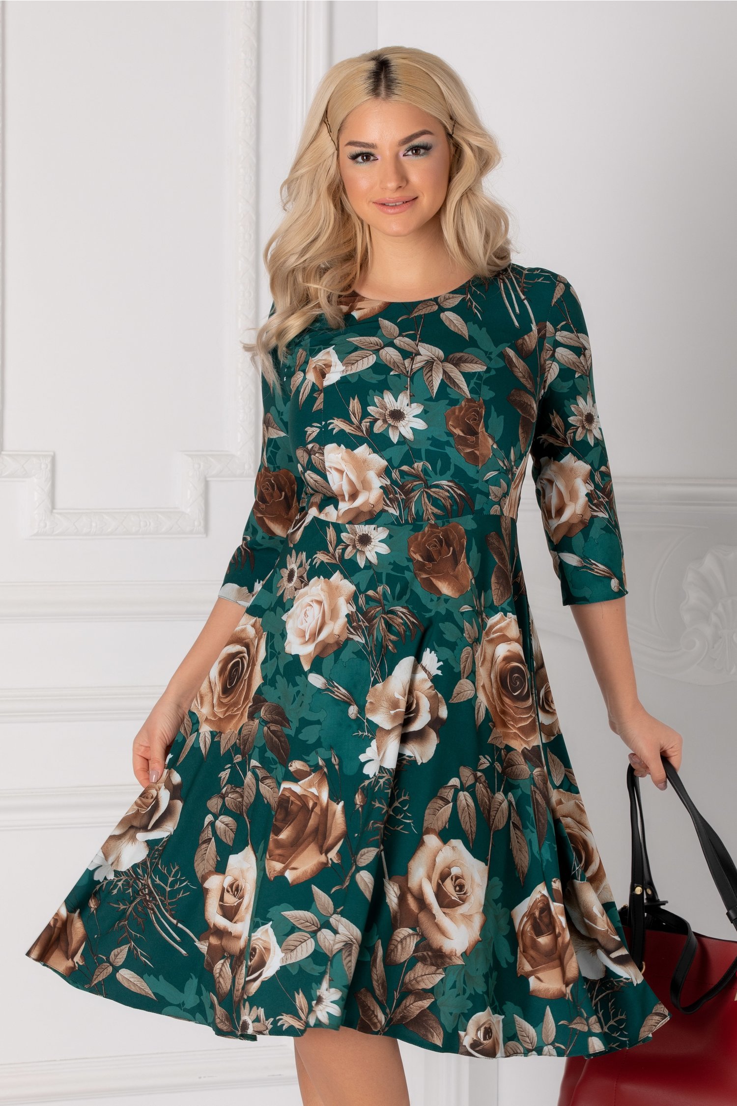 Rochie Adelaide verde cu trandafiri bej