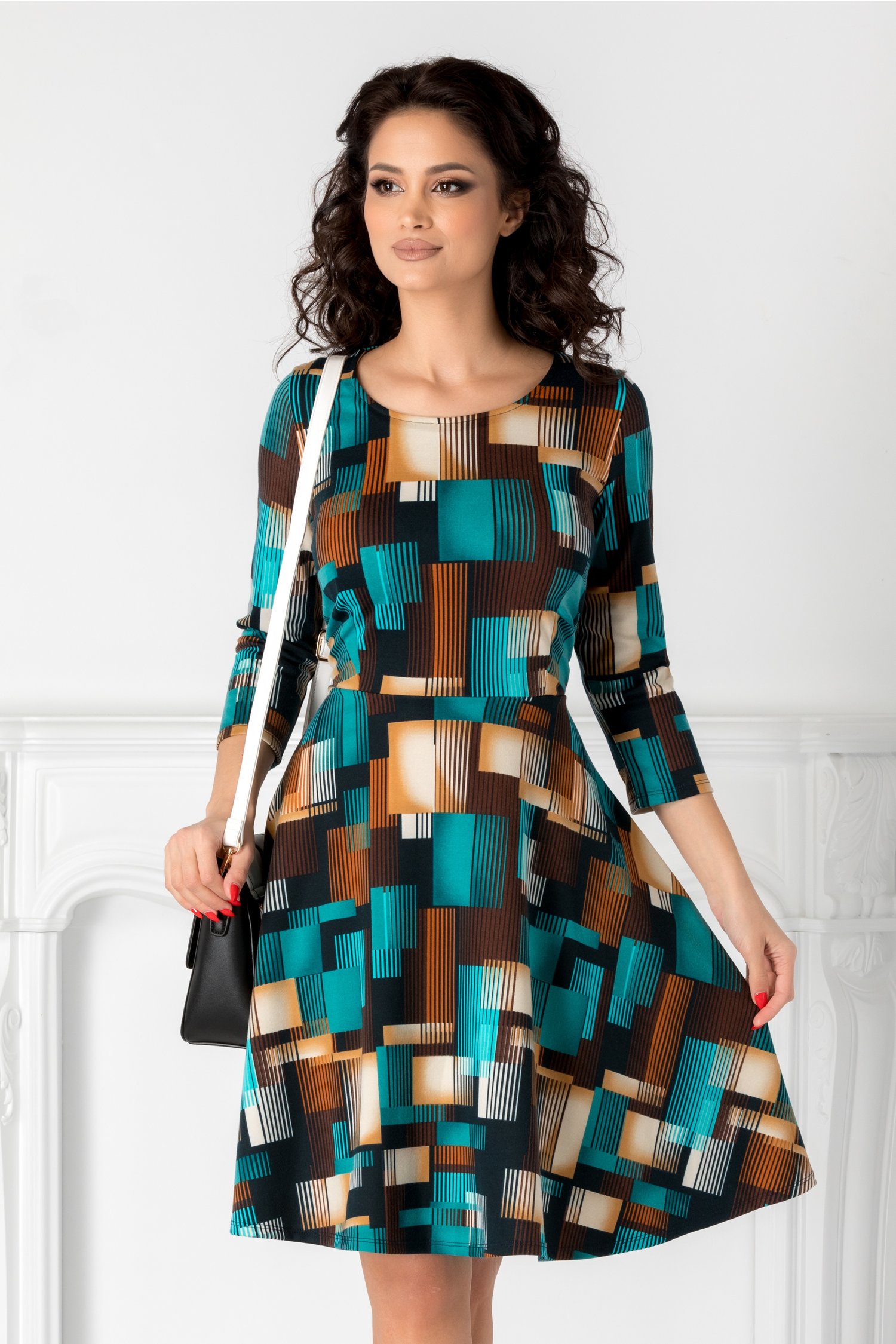 Rochie Agnes turcoaz cu imprimeu multicolor