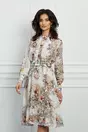 Rochie Dy Fashion alba cu flori bej si cordon in talie