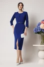 Rochie office din stofa albastra cu crepeu si curea in talie