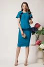 Rochie eleganta din stofa albastru petrol cu funde pe umeri si peplum in talie