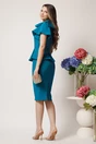 Rochie eleganta din stofa albastru petrol cu funde pe umeri si peplum in talie