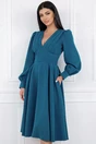 Rochie albastru petrol cu pliuri pe bust si buzunare functionale