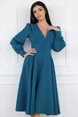 Rochie albastru petrol cu pliuri pe bust si buzunare functionale
