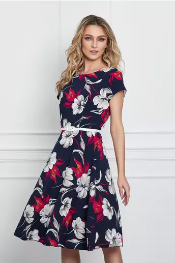 Rochie Alexa bleumarin cu flori rosii si curea in talie