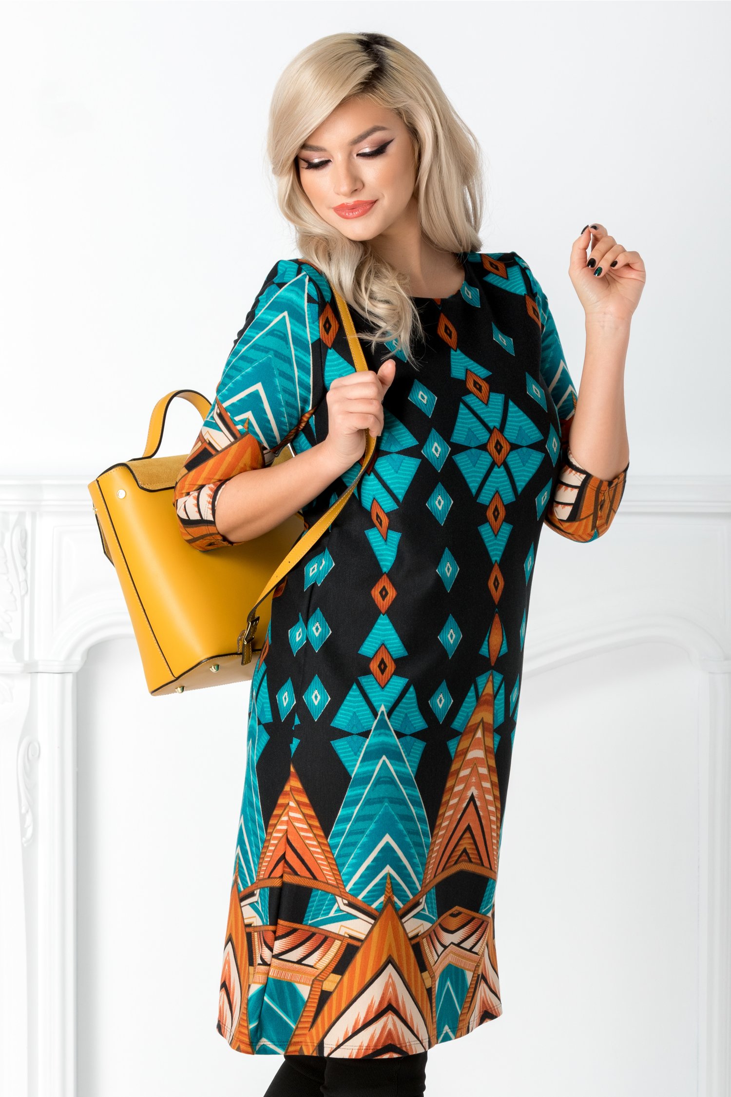 Rochie Alexa bleumarin cu imprimeu geometric turcoaz si caramiziu