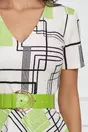 Rochie Alexa ivory cu imprimeu geometric verde lime si curea in talie