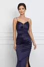 Rochie Alexandra bleumarin lunga din satin cu bretele subtiri