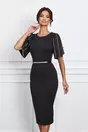 Rochie Alexandra neagra din neopren cu strasuri pe maneci si curea in talie