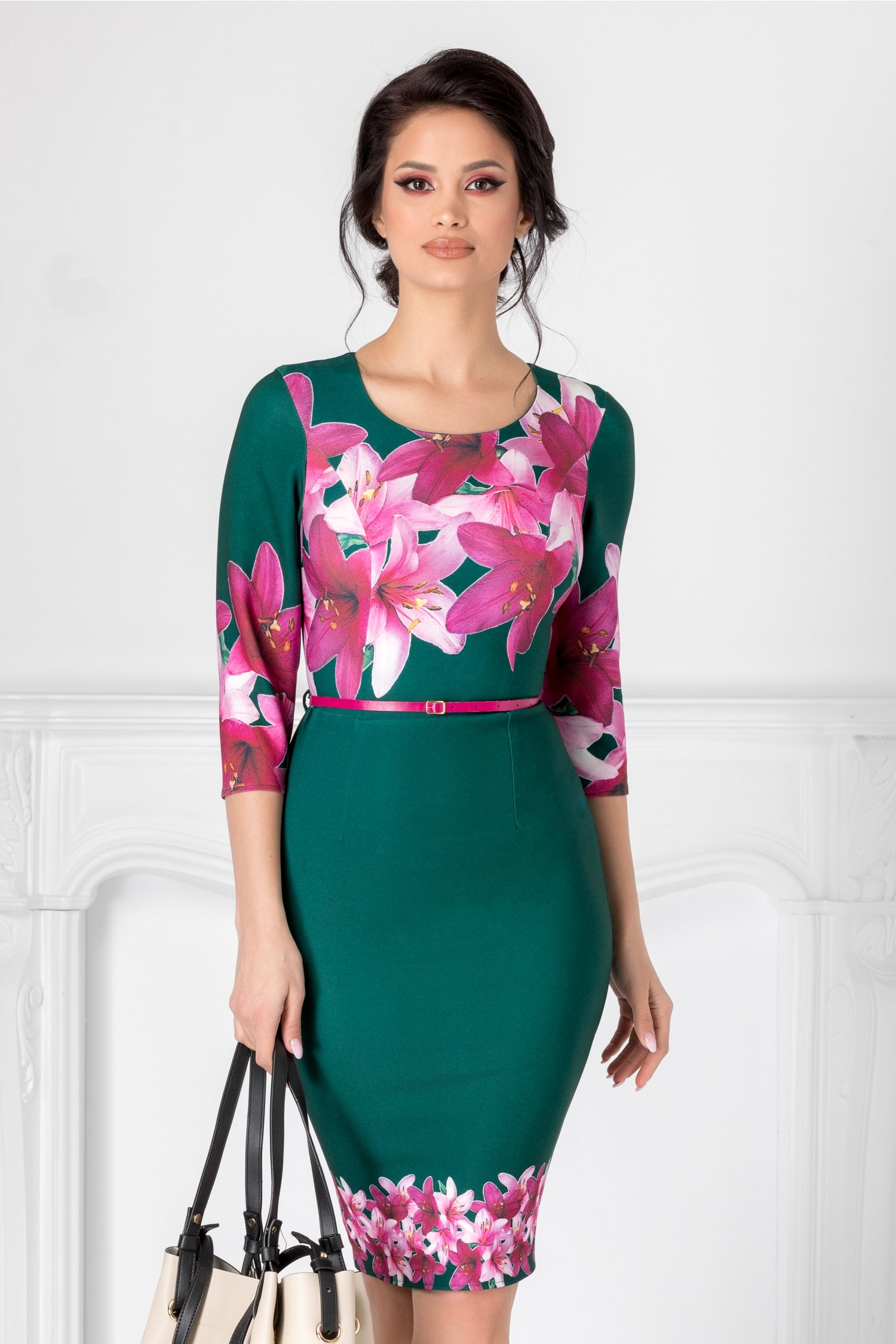Rochie Alexis verde cu imprimeu floral mov