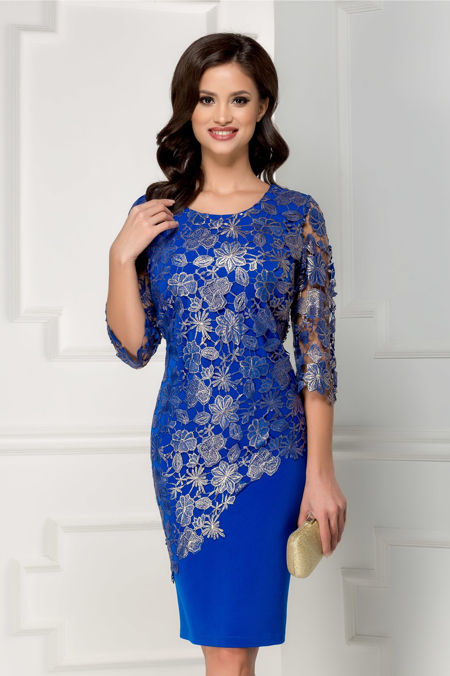 Rochie Alima albastra cu broderie argintie