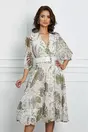 Rochie Alina ivory cu imprimeu exotic kaki si curea in talie