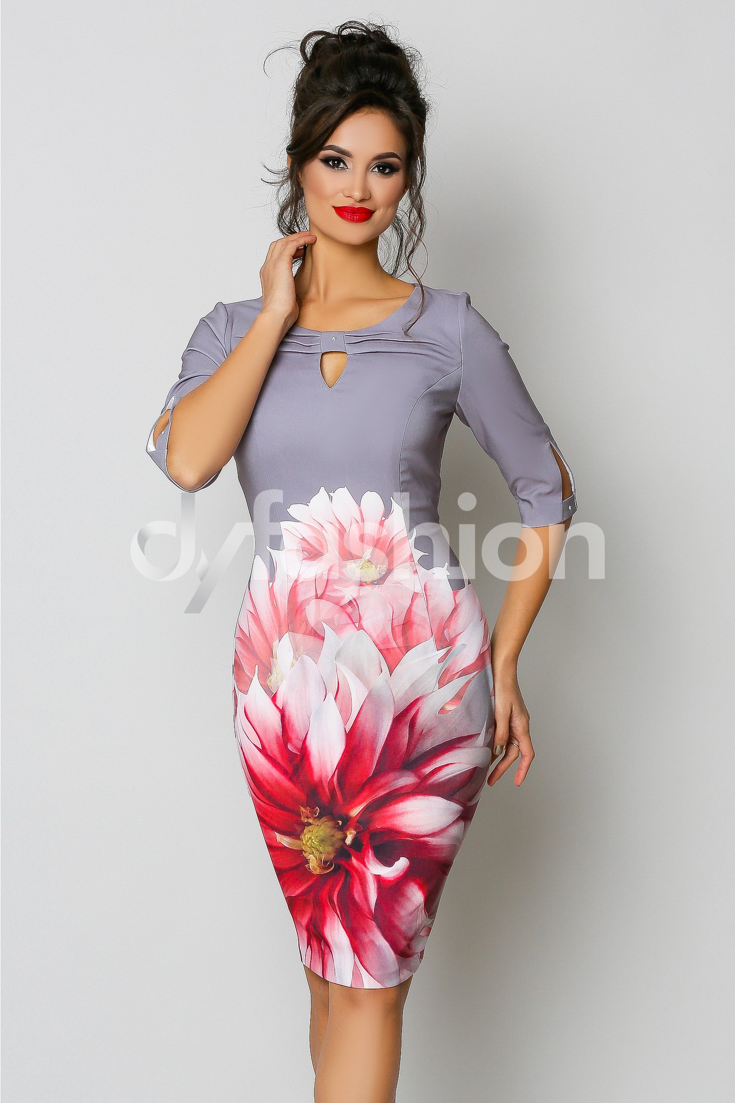 Rochie Alissa Gri Office cu Imprimeu Floral
