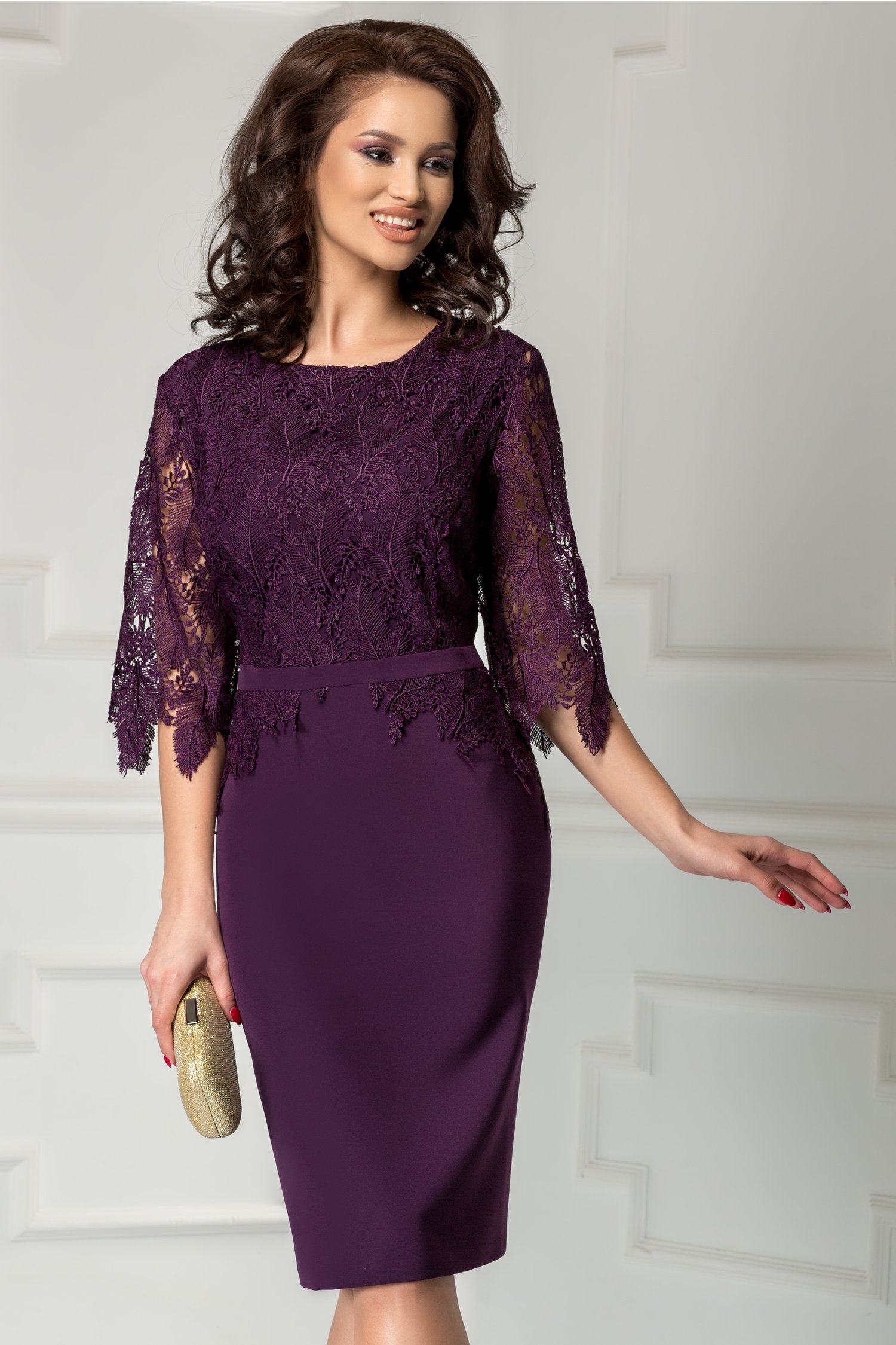 Rochie Ambra mov midi de ocazie cu dantela