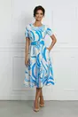 Rochie Amelia ivory cu imprimeuri albastre si curea in talie
