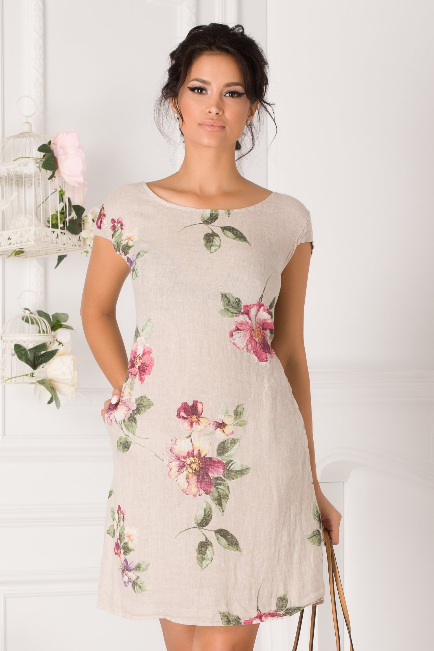 Rochie Amira bej cu imprimeu floral