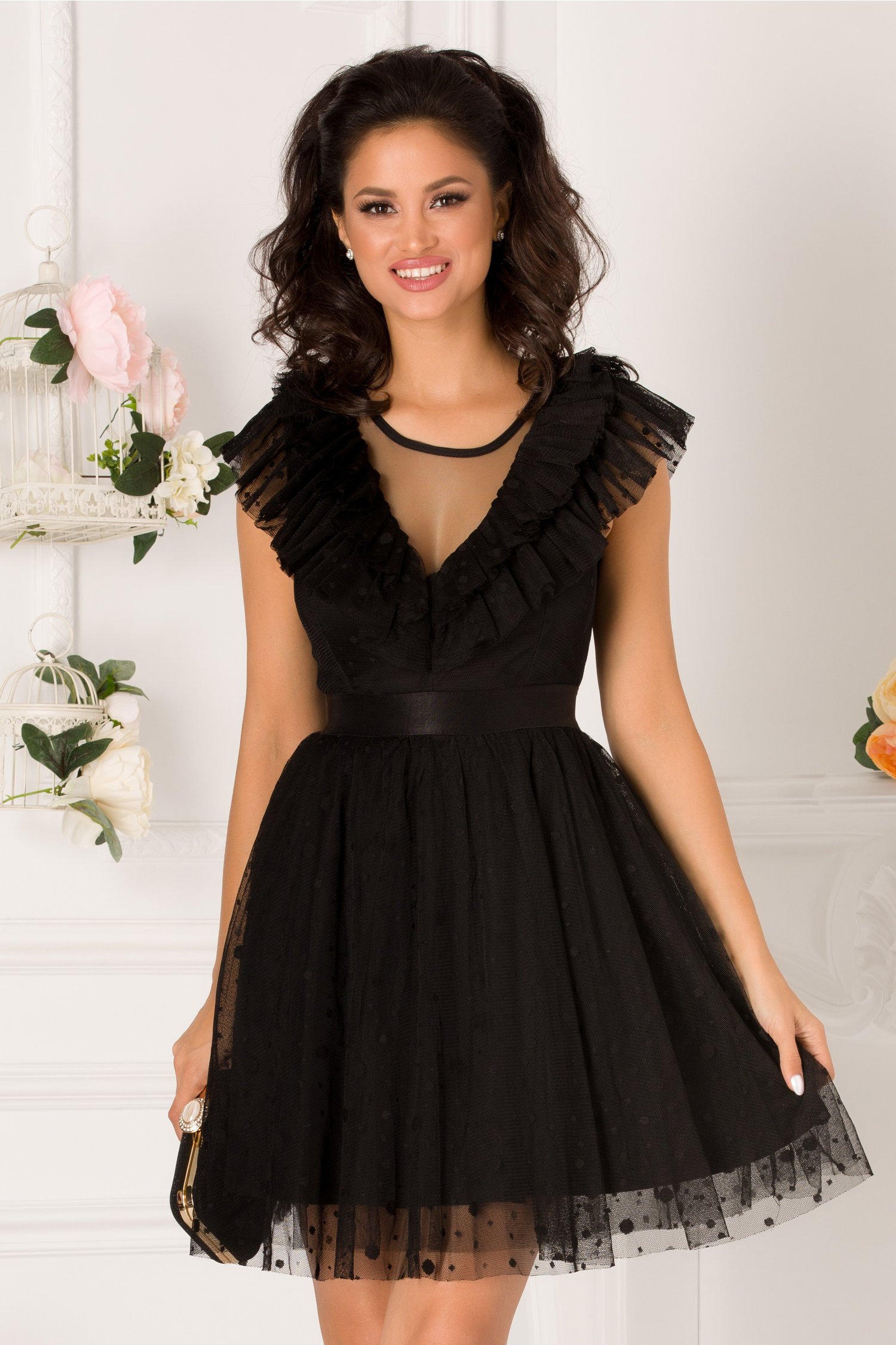 Rochie Amna neagra din tull cu buline