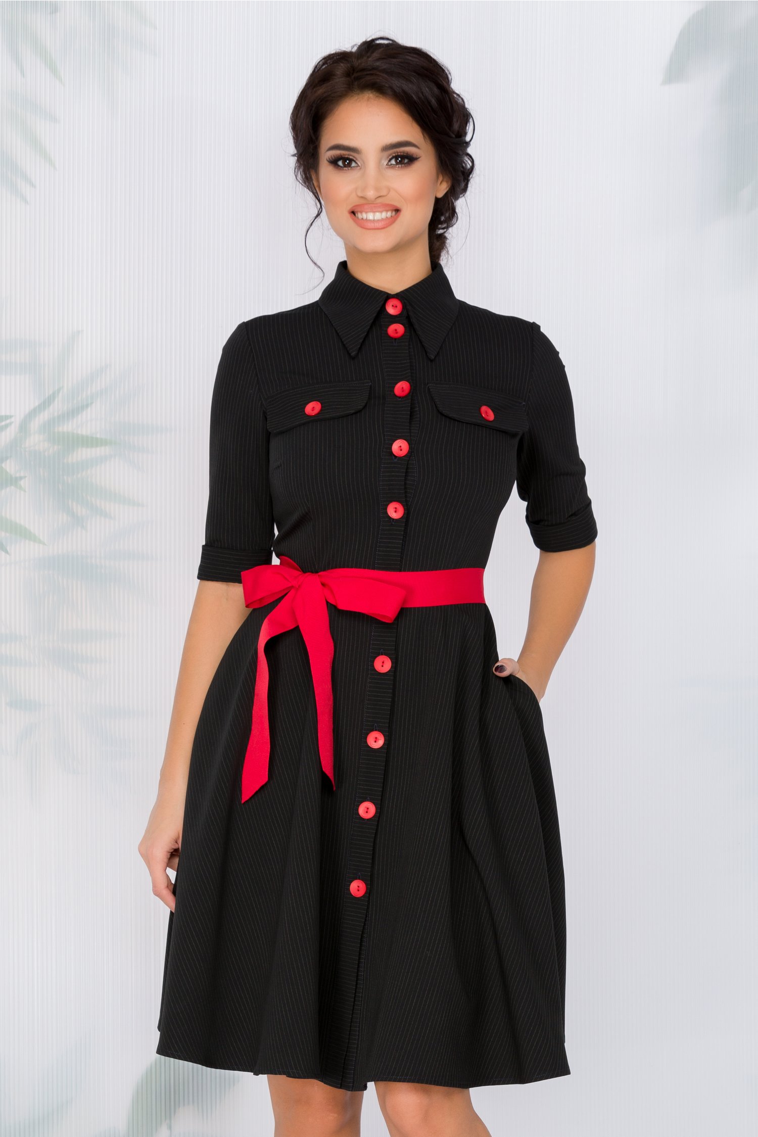 Rochie anaida neagra cu nasturi si cordon rosu in talie