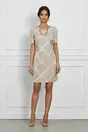 Rochie Andia bej cu imprimeu ivory si accesoriu