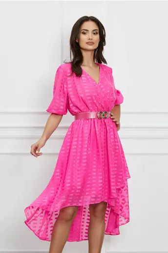 Rochie Andia fucsia din voal cu lungime asimetrica