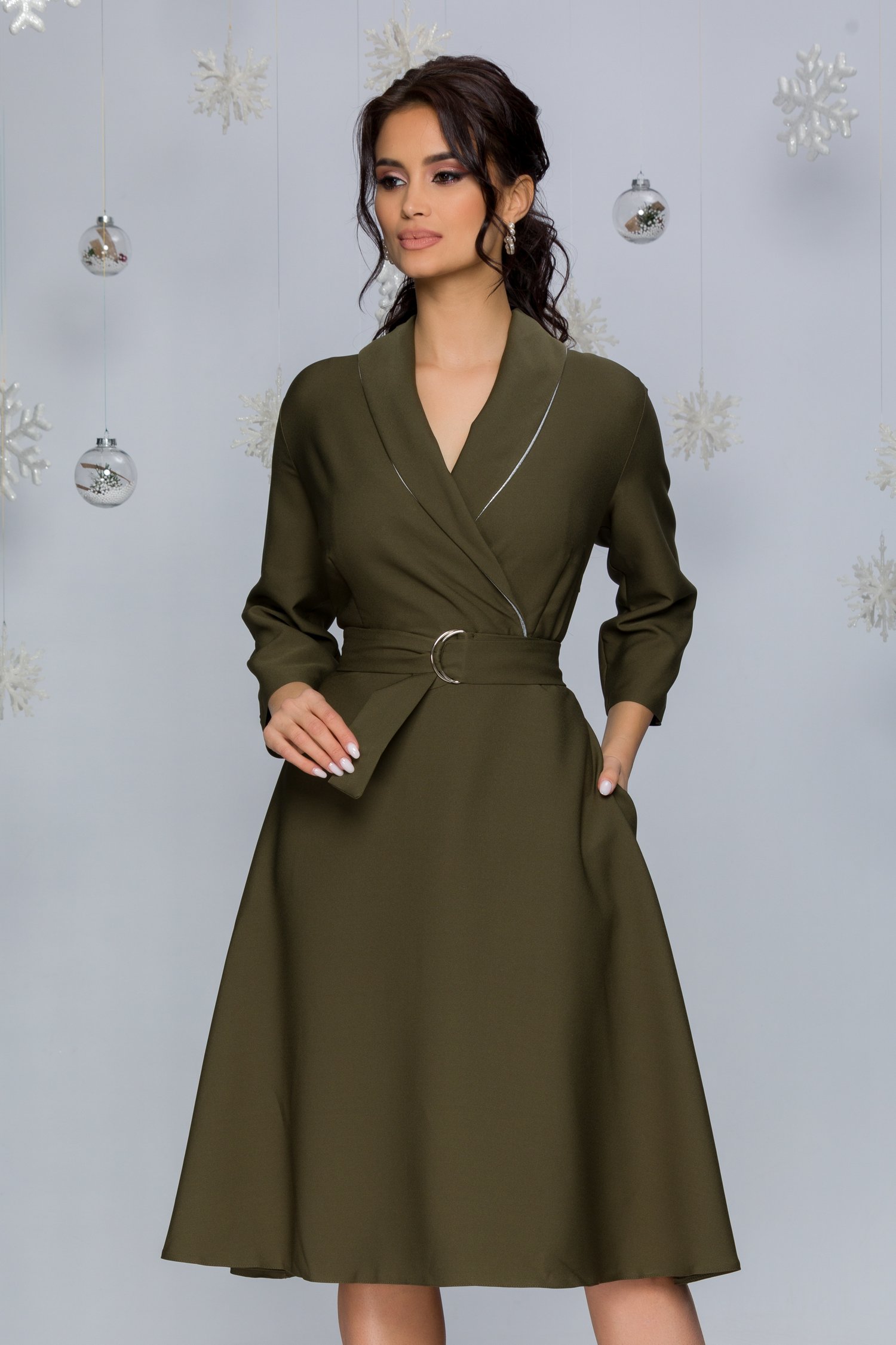 Rochie anemona office kaki cu rever maxi