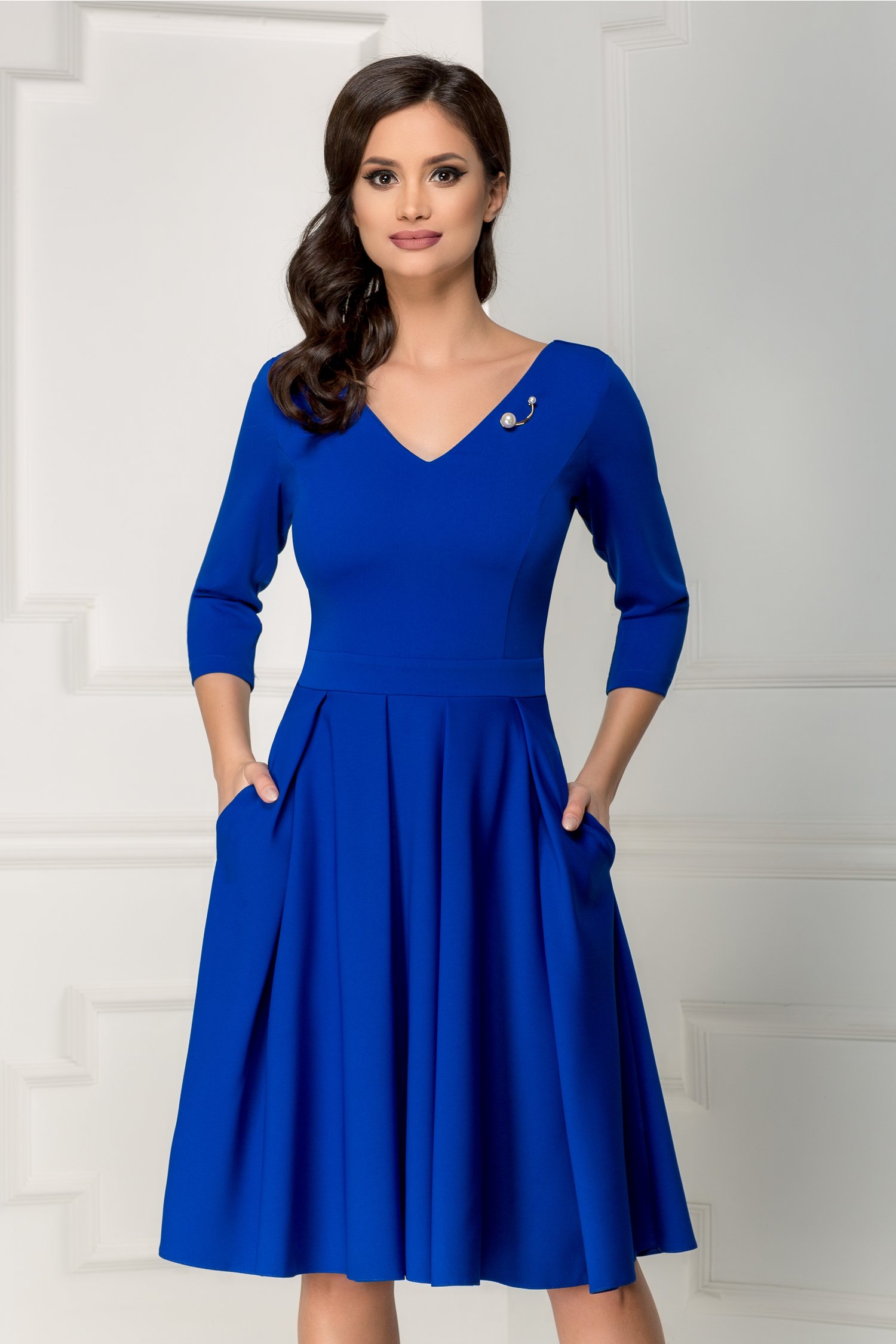 Rochie Aniela albastra midi cu buzunare