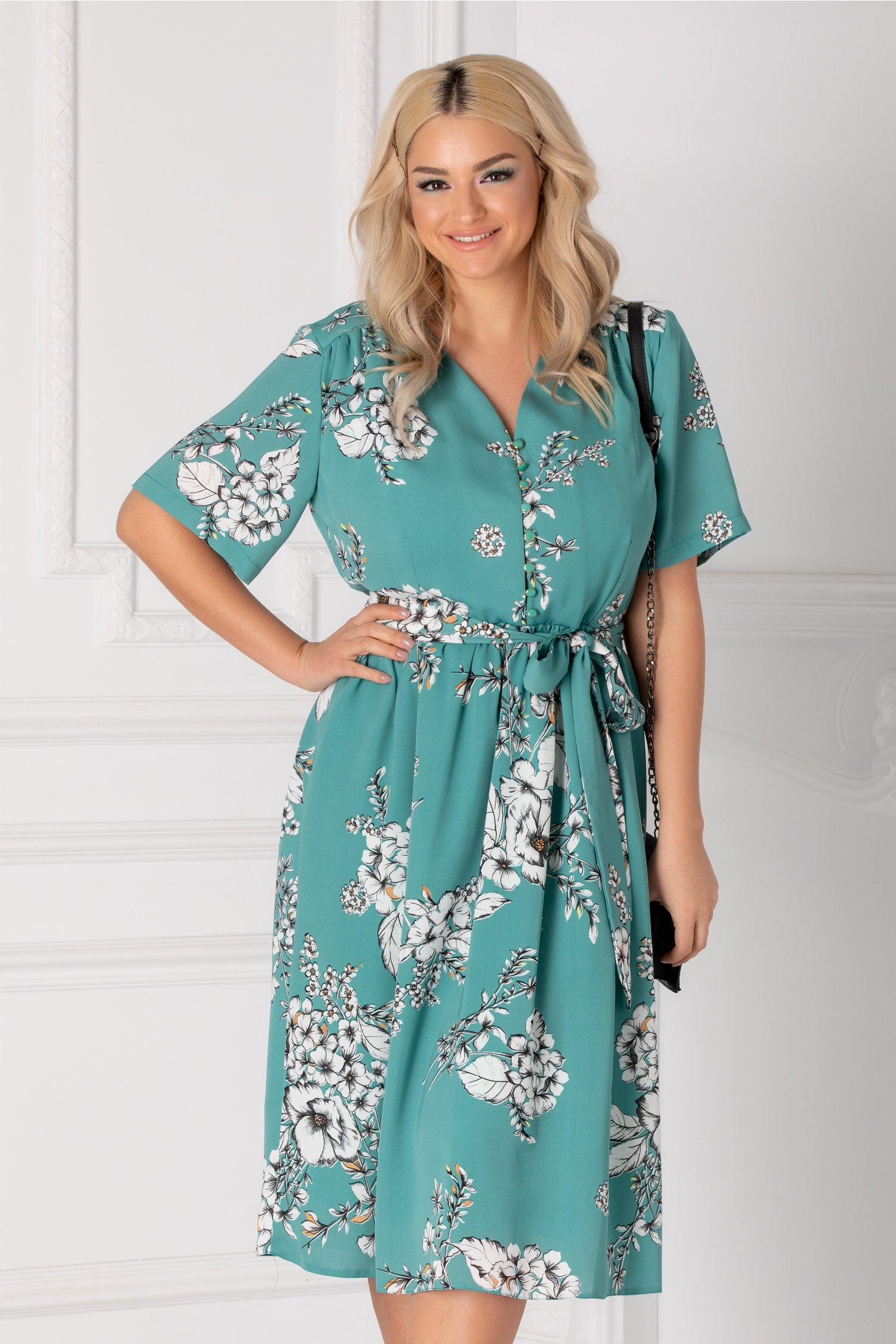 Rochie Aniela verde pal cu imprimeu floral alb