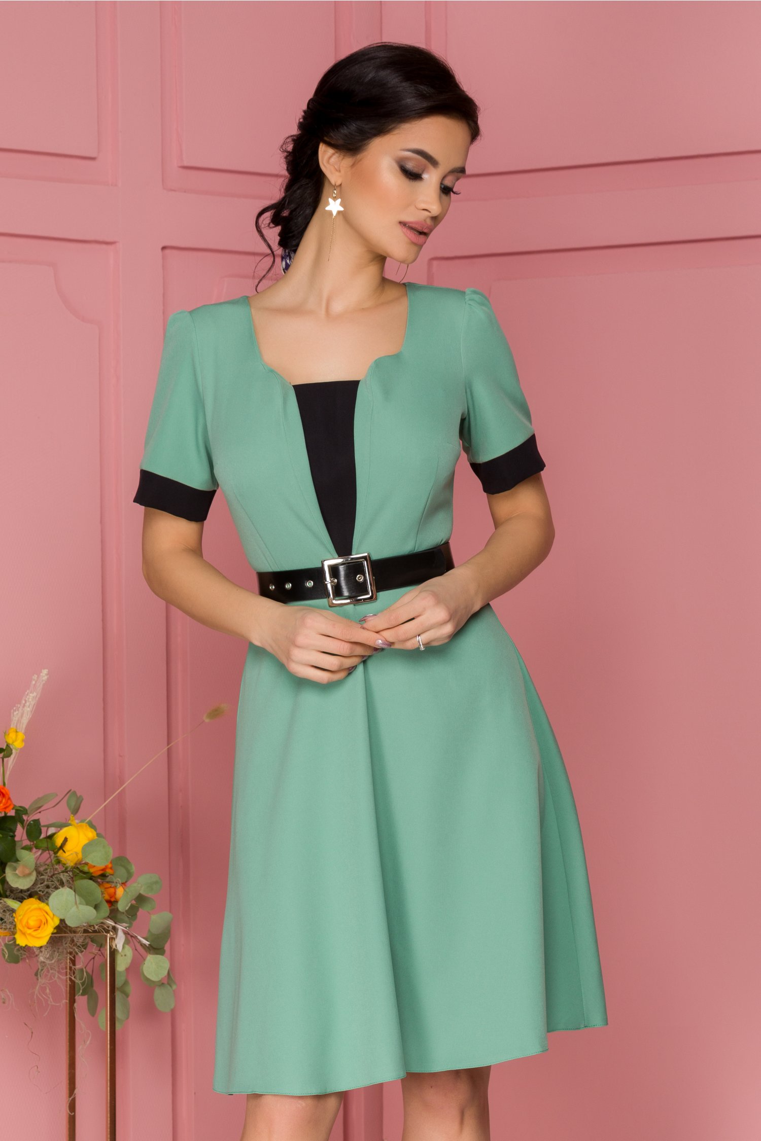 Rochie Anisia verde pal cu curea in talie