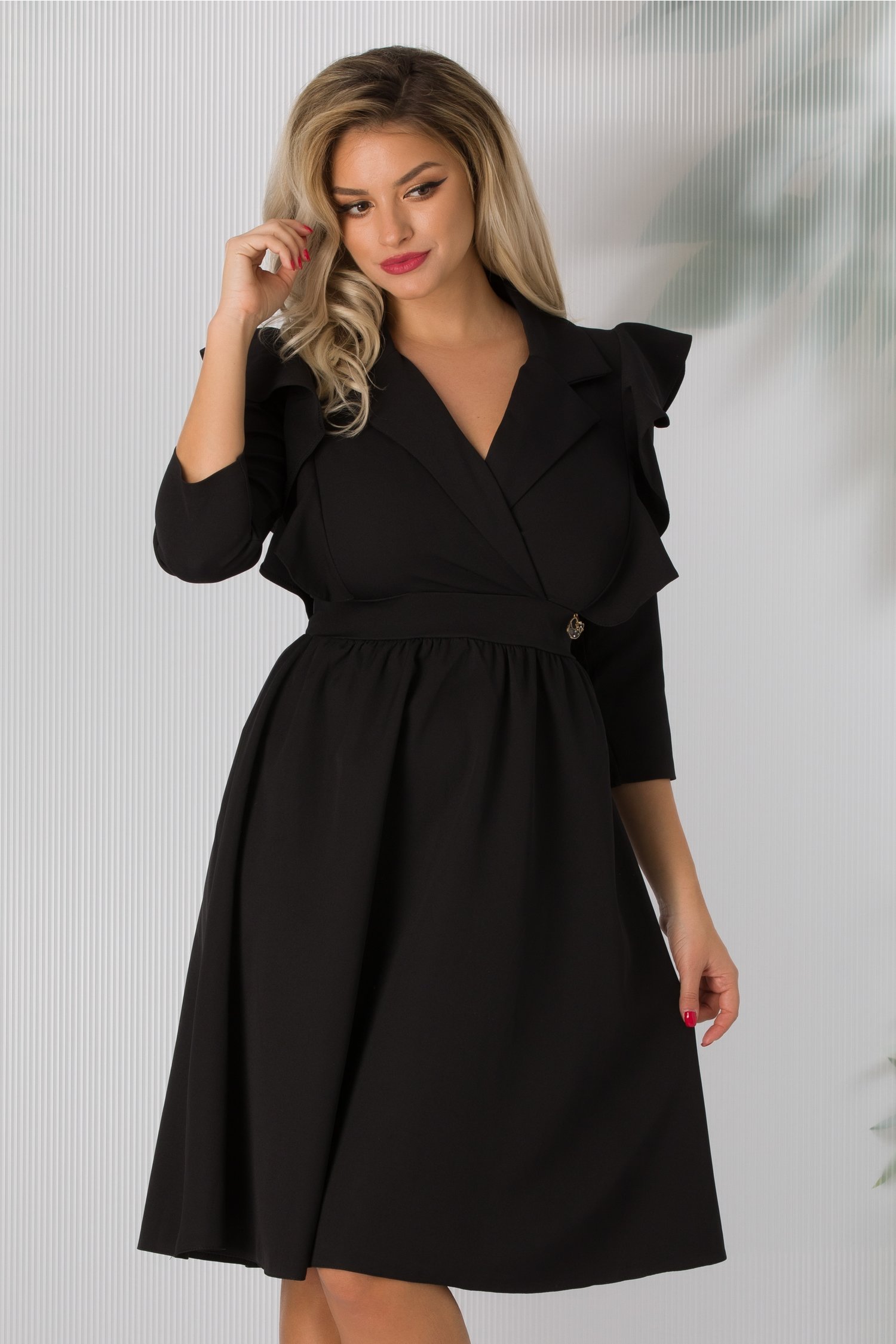 Rochie Anita neagra cu rever si volane la bust