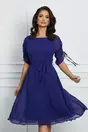 Rochie Antonia albastru indigo cu snur reglabil la maneci si cordon in talie