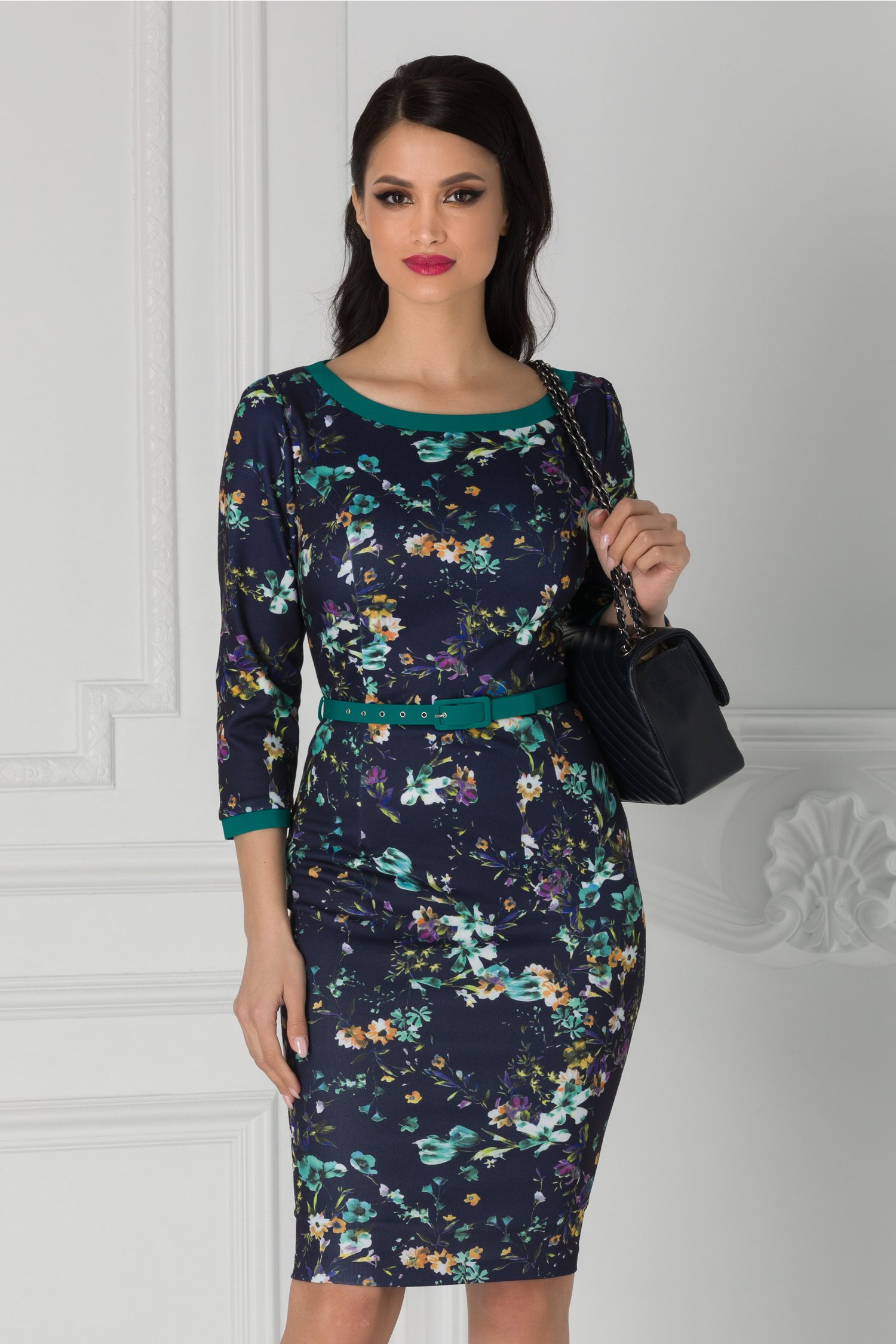 Rochie Aria bleumarin cu flori si curea in talie