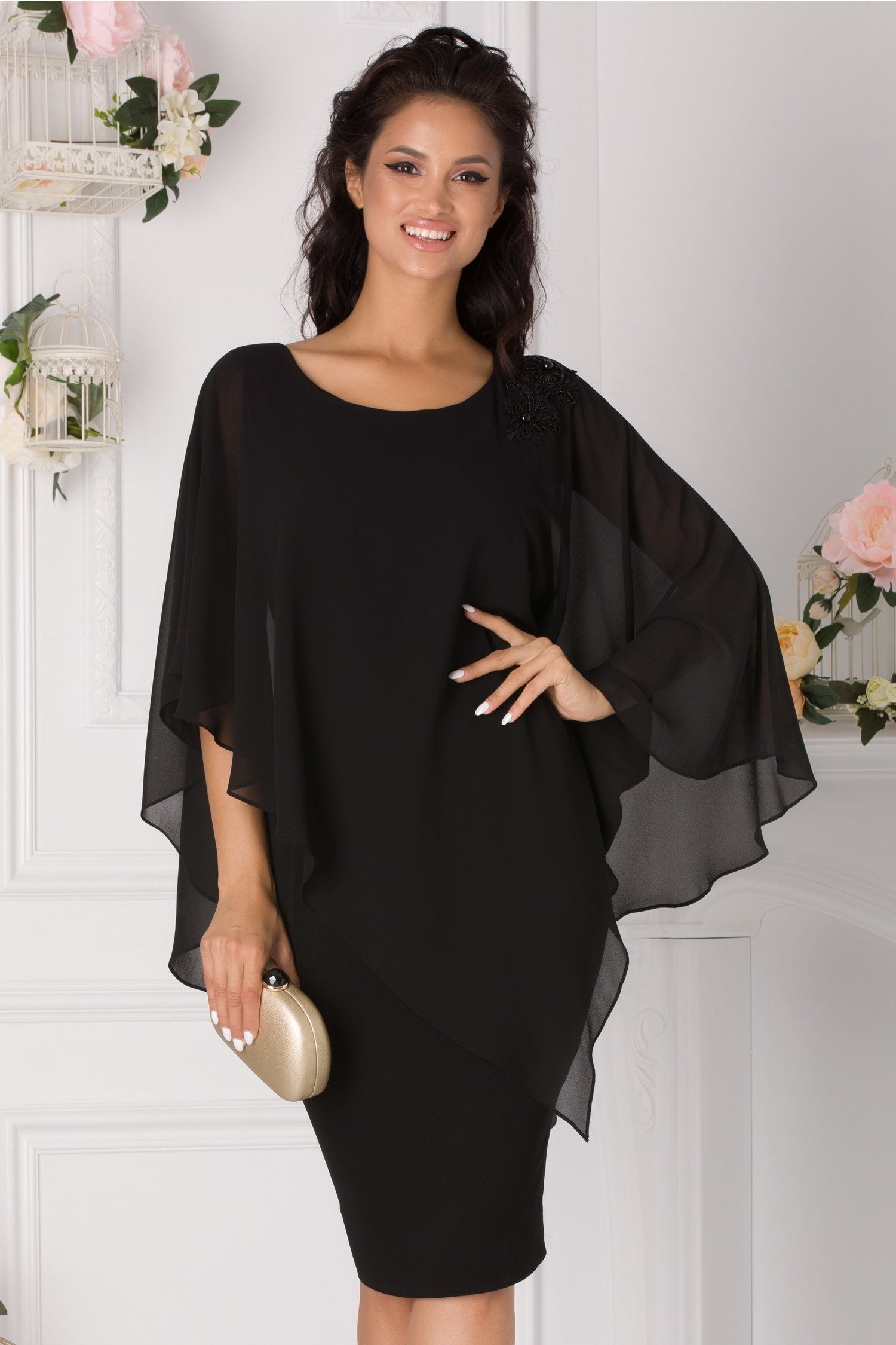 Rochie Astrid neagra cu voal si broderie florala