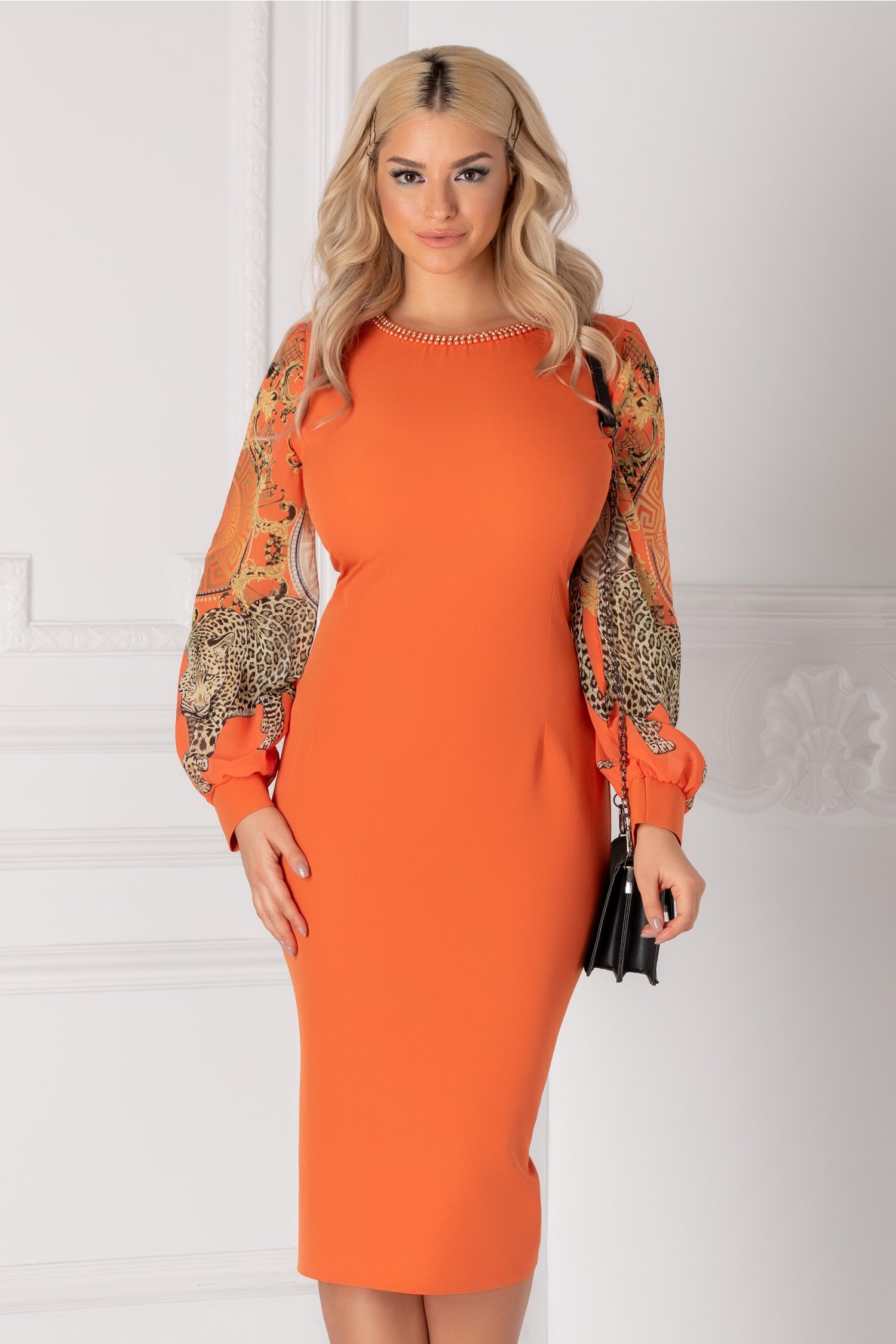 Rochie Ayana orange cu maneci din voal cu print si margelute la guler