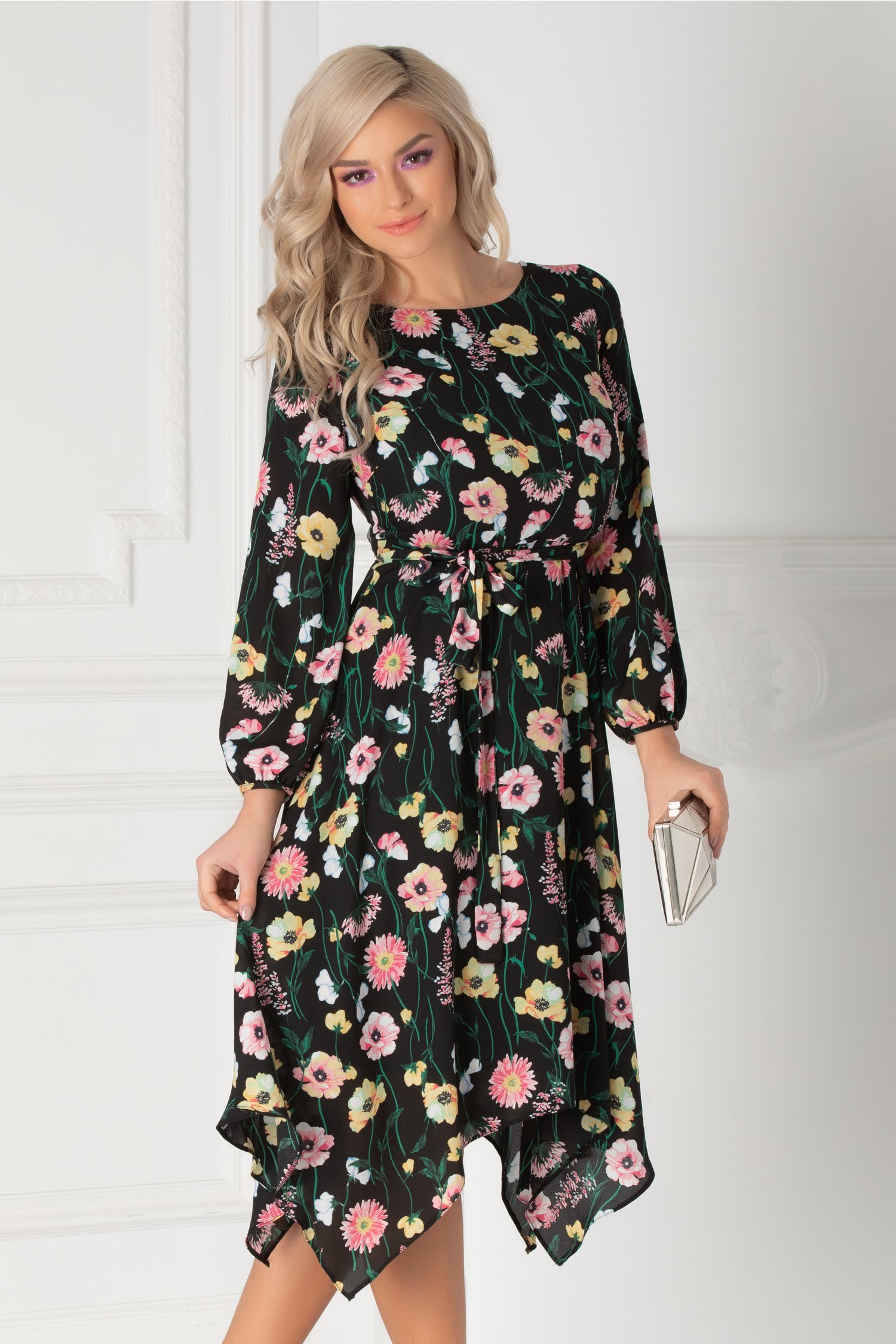 Rochie Aza din voal neagra cu imprimeu floral