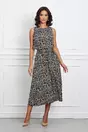 Rochie Barbara neagra cu imprimeuri bej si cordon in talie