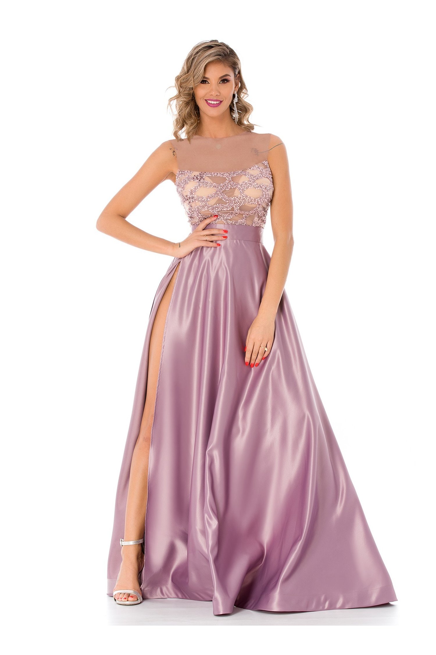 Rochie BBY lila din tafta lunga cu broderie si margelute la bust - Rochii