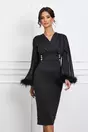 Rochie Beatrice neagra cu maneci din voal cu pene la baza