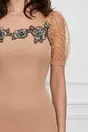 Rochie eleganta din stofa bej cu broderie florala la bust si buline