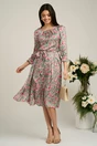 Rochie bej cu flori fucsia si cordon in talie din satin