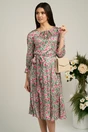 Rochie bej cu flori fucsia si cordon in talie din satin