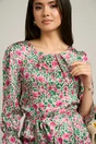 Rochie bej cu flori fucsia si cordon in talie din satin