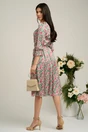 Rochie bej cu flori fucsia si cordon in talie din satin