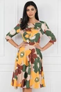 Rochie bej cu imprimeu floral verde si galben